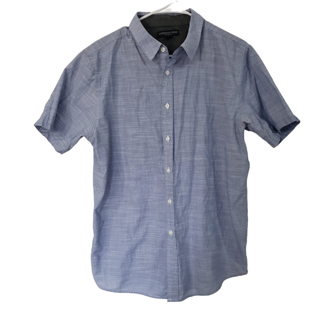 LONDON FOG Mens Light Blue Short Sleeve Collared Button Up Shirt Size Large